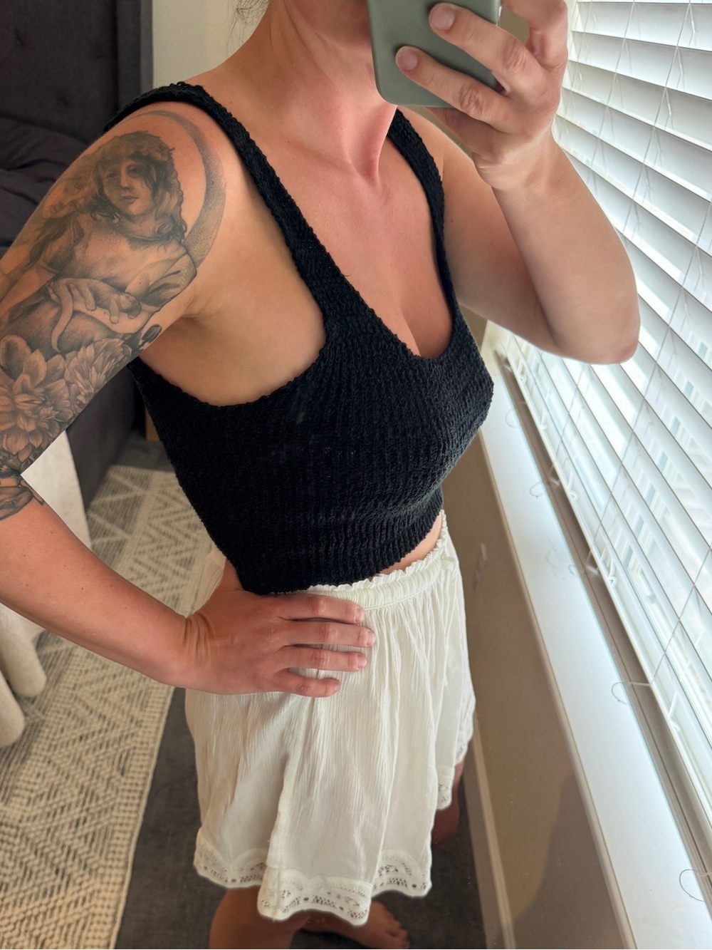 Crescent Black Textured Knit Cropped Camisole